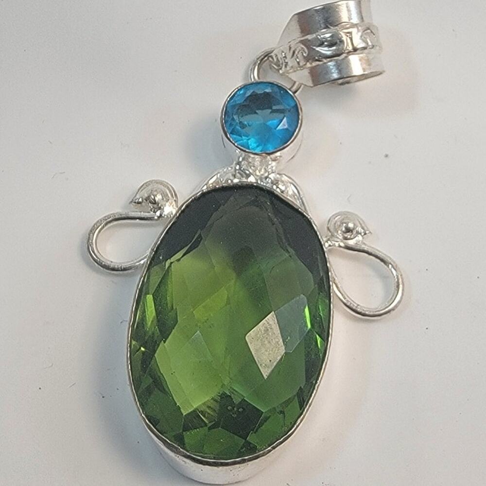 Handmade Sterling Silver Pendant Necklace Showcasing Green Quartz and Blue Topaz